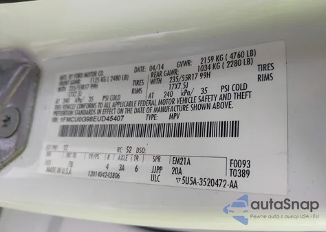 2014 Ford Escape Se from USA, damaged, VIN 1FMCU0G98EUD45407